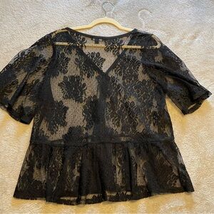 Lane Bryant Black Mesh Lace Button Front Peplum Blouse